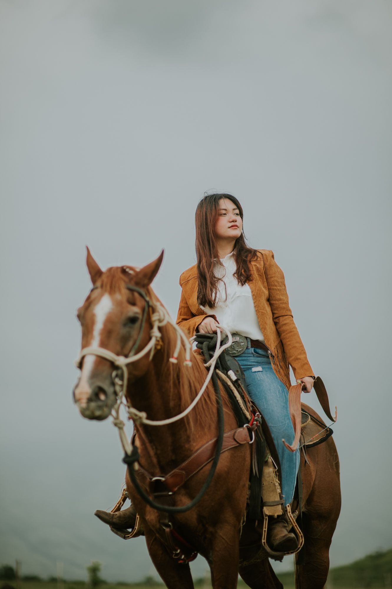 Brown horse with rider wearing tan jacket traverses mountainous terrain under cloudy skies.