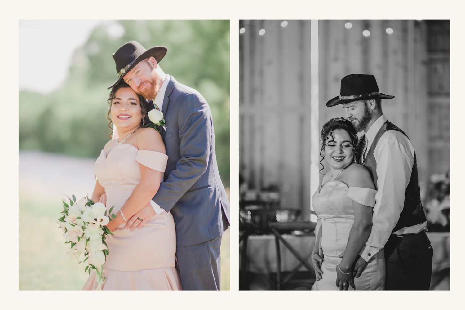 Bride and groom wedding portrait collage, man in cowboy hat with suit, woman in off-shoulder blush gown holding bouquet.