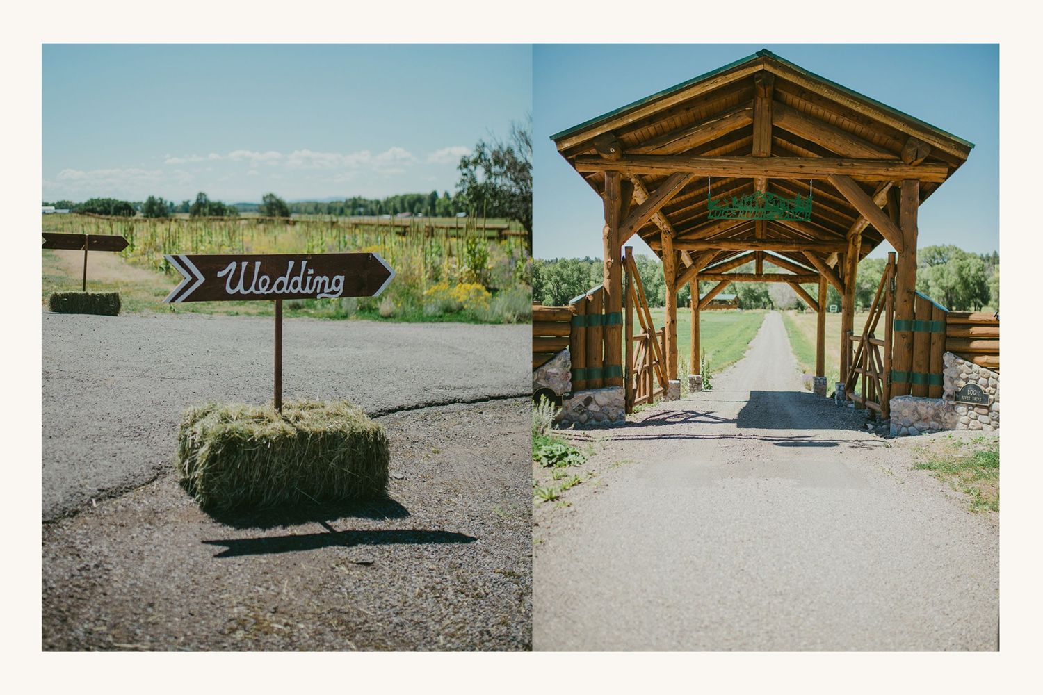 Rustic outdoor wedding venue with a wooden arrow sign, hay bale, and a charming timber-framed covered walkway entrance.