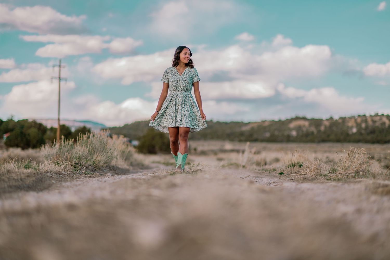 A woman in a teal dress walks through a desert landscape under cloudy skies at dusk.