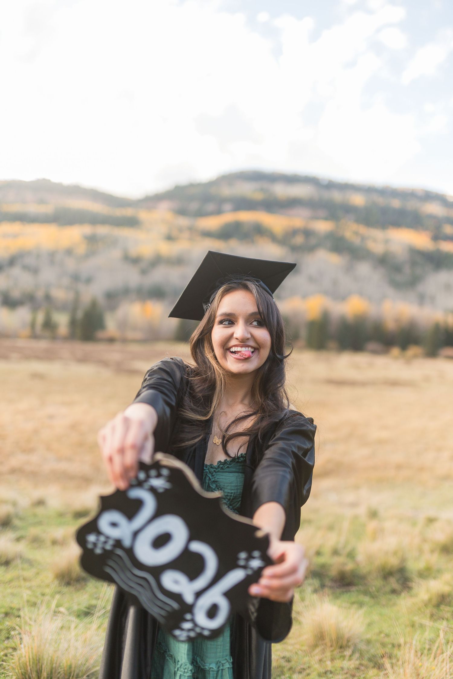 Graduate in cap and gown holds up 2020 sign while posing in scenic mountain field during outdoor photo session.