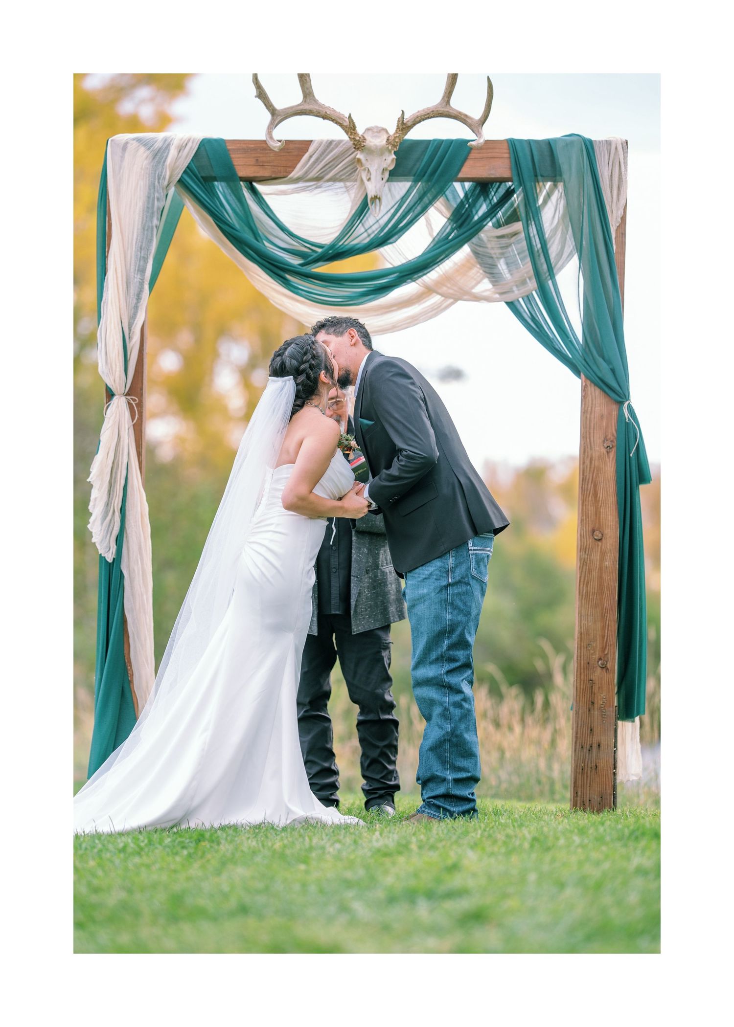 Creative wedding photography sequence showing couple under rustic arch with teal draping.