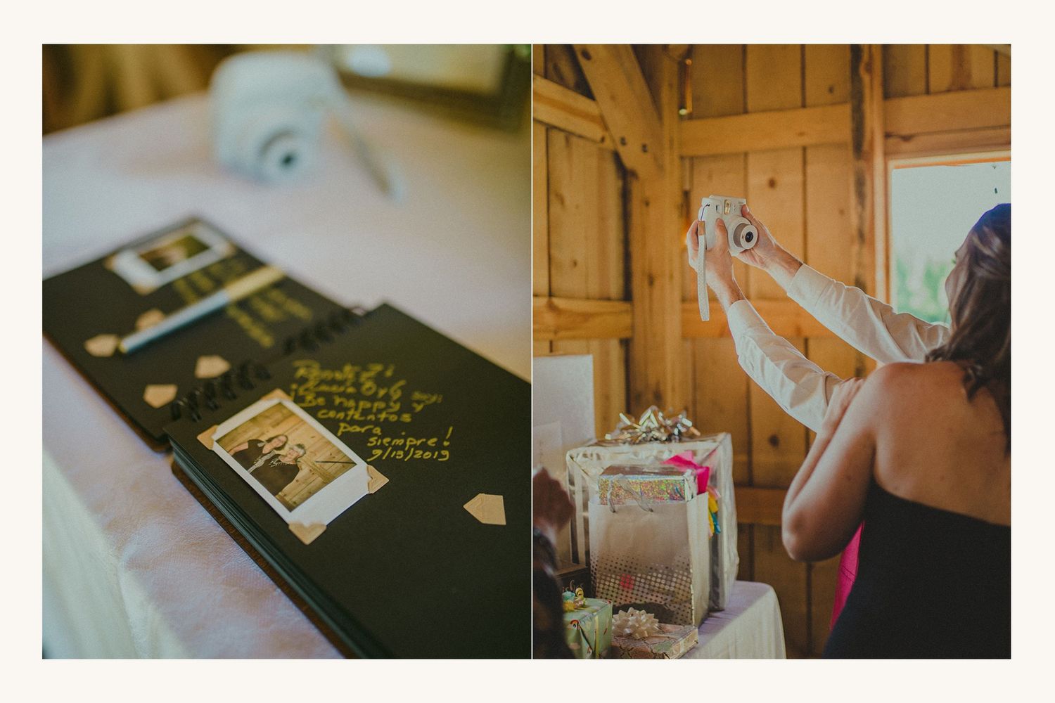 Wedding guest book with Polaroid photos and gold calligraphy beside a woman taking a Polaroid photo at a rustic barn venue.
