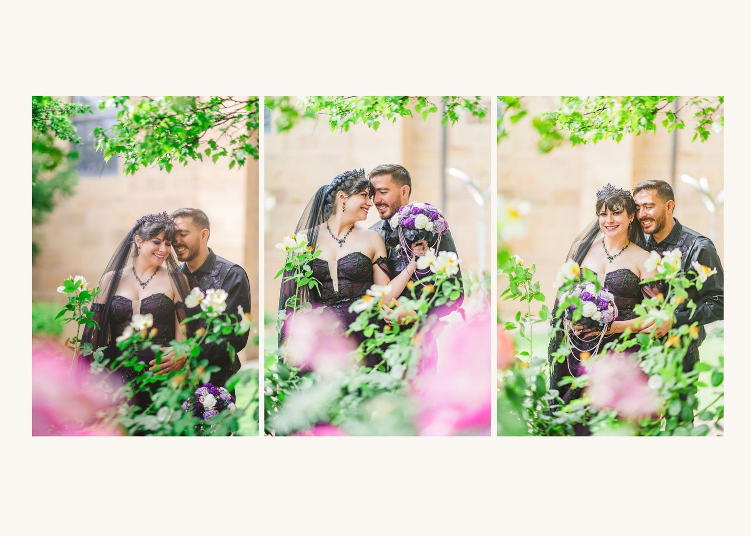 A couple in black attire shares a romantic moment surrounded by lush green foliage and colorful blooms in a garden setting.