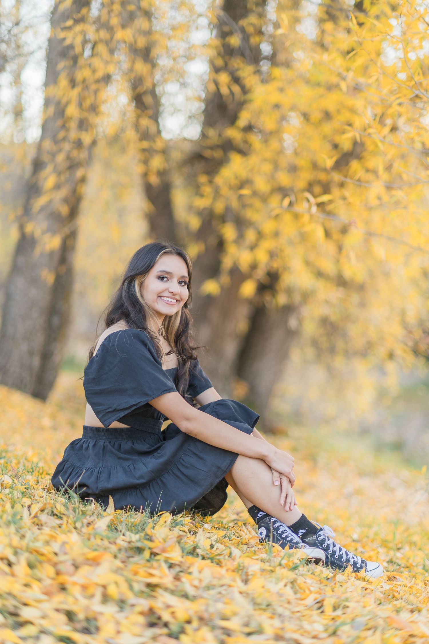 Someone in a black dress sits on fallen autumn leaves beneath golden yellow trees on a sunny fall day.