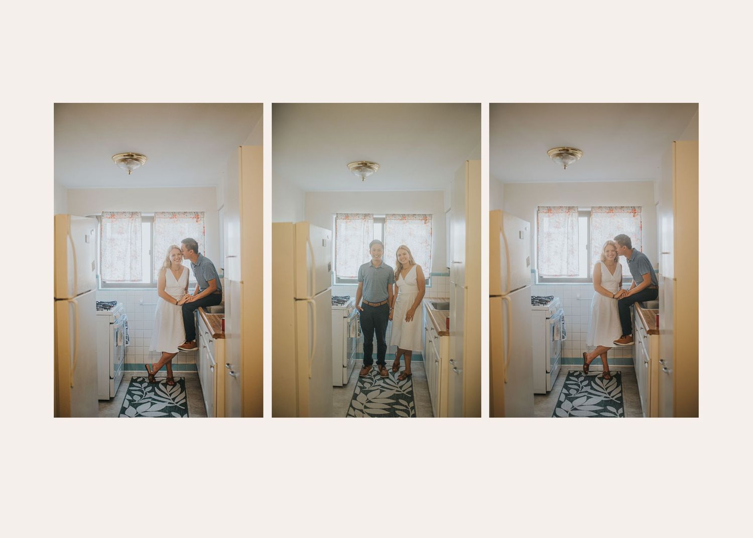 A set of three vintage-style photographs showing figures embracing in an intimate moment against a light interior background.