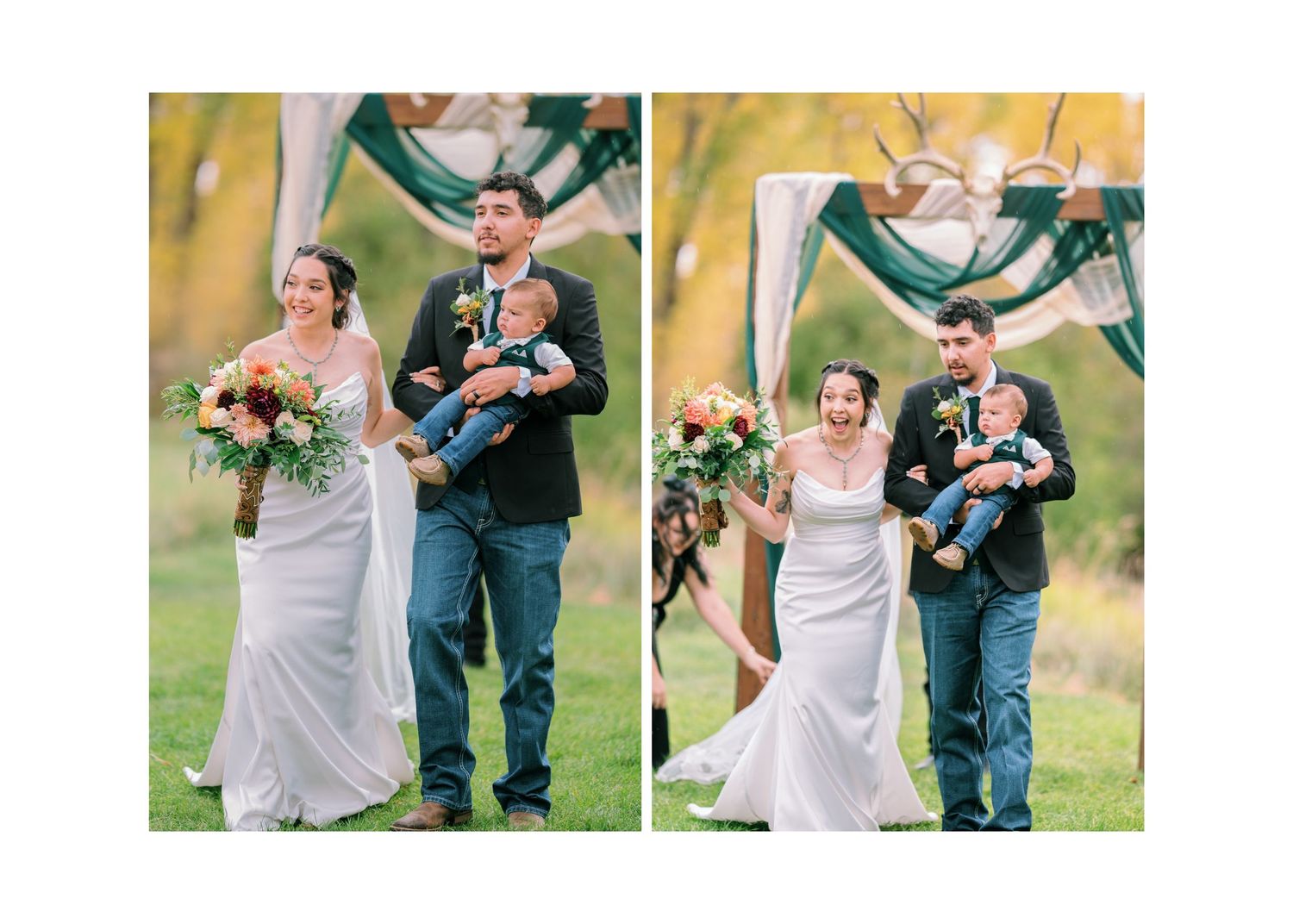 A couple poses together on their wedding day in an outdoor setting with the bride holding flowers and the groom in casual attire.