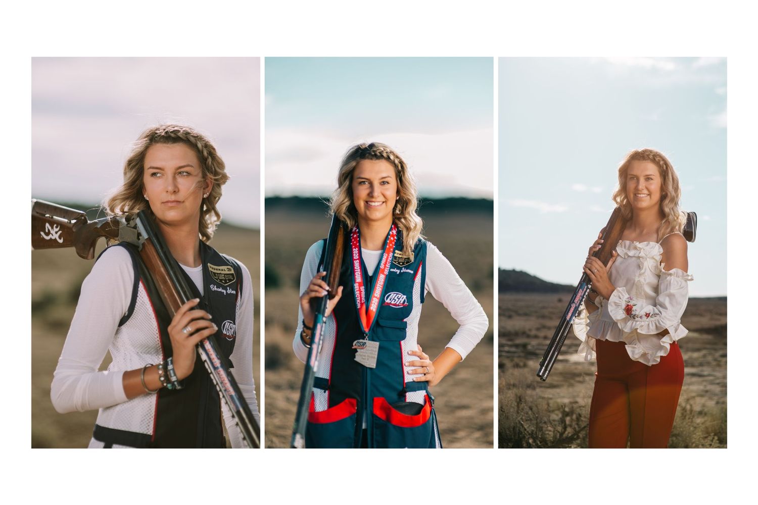 Three women pose outdoors holding shotguns, wearing shooting vests and medals in a triptych portrait.