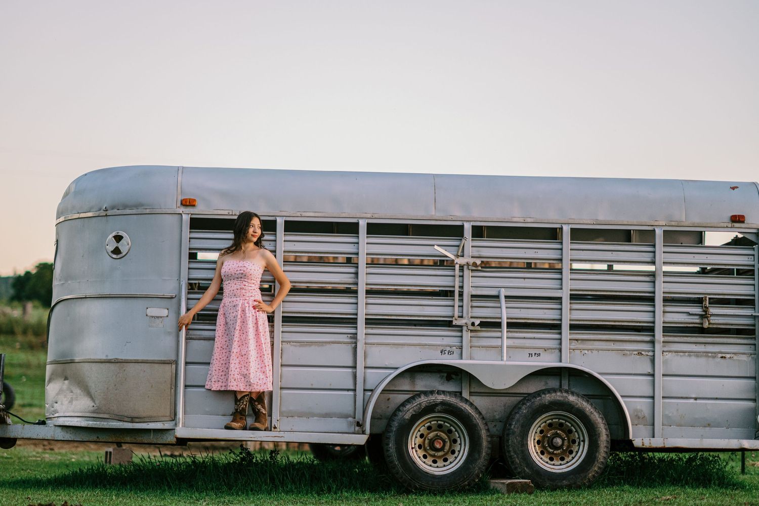 Different views of a large silver livestock trailer parked on grass with soft natural lighting.