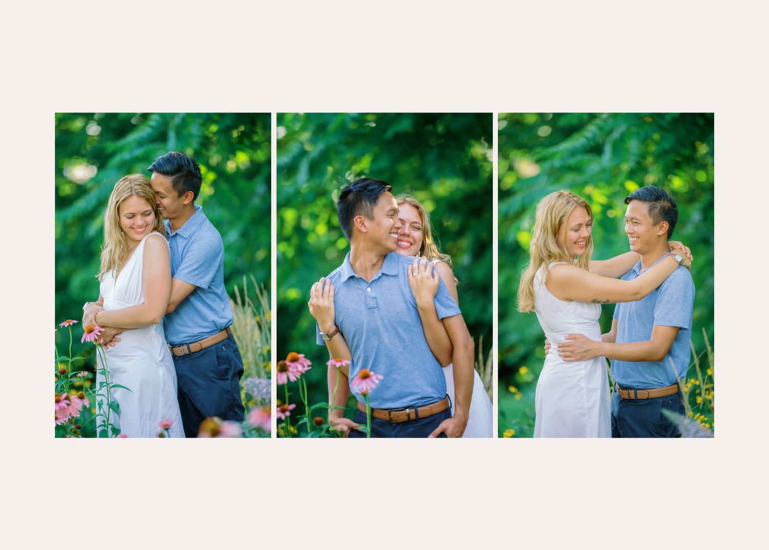 A couple shares intimate moments outdoors in a series of romantic poses against a lush green background.