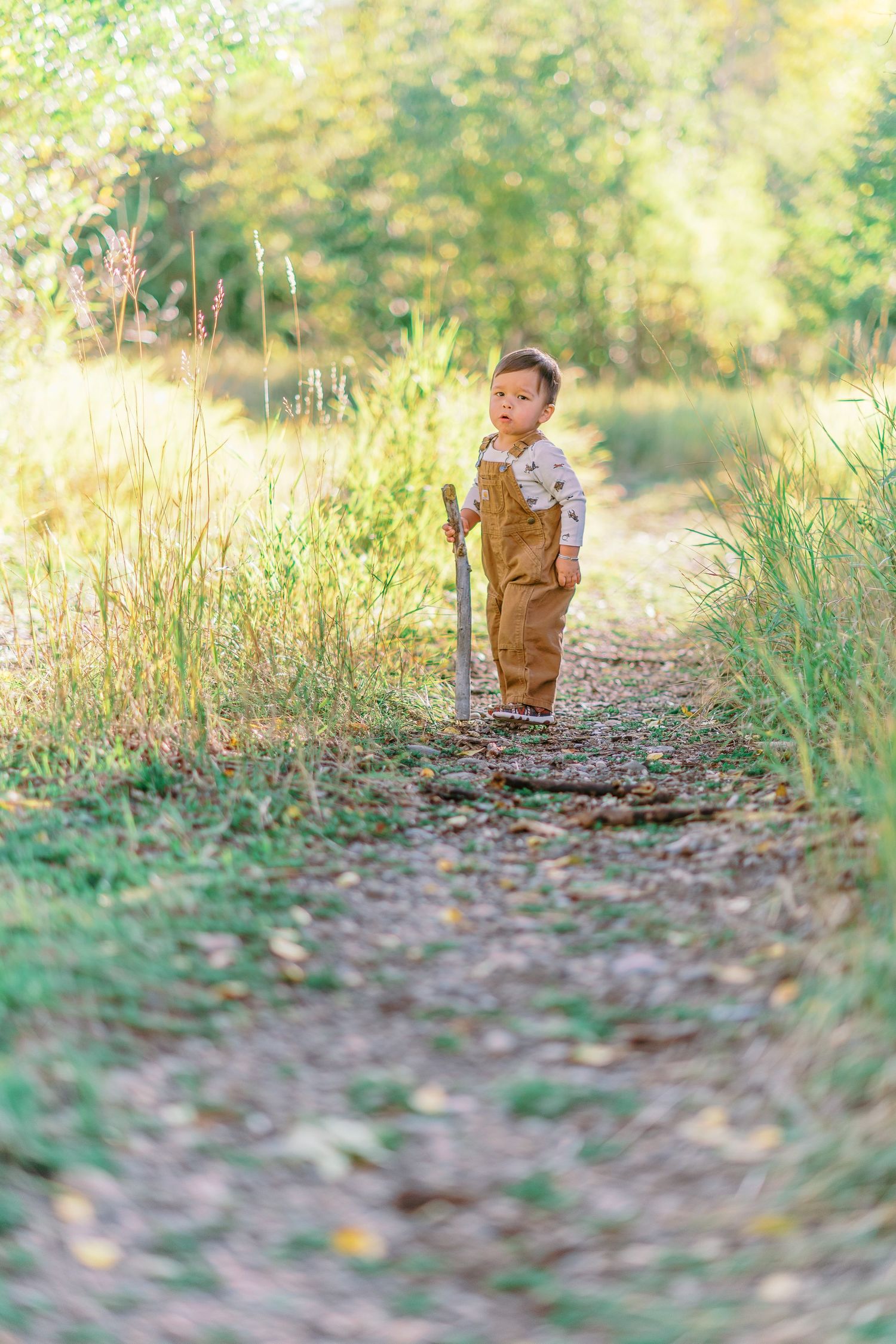 Young child walking along a sunlit dirt path through tall grass on a warm summer day.