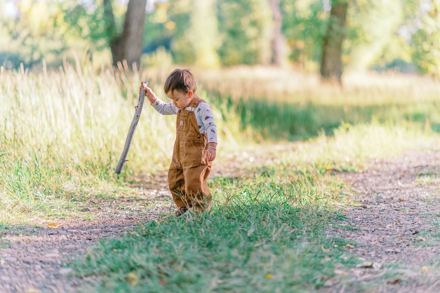 A small child in brown overalls leans on a wooden stick while walking along a sunlit dirt path through tall grass.