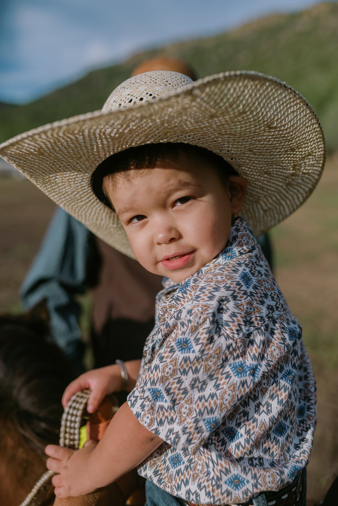 Adorable young boy wearing a large straw cowboy hat and patterned western shirt, sitting on a horse outdoors.