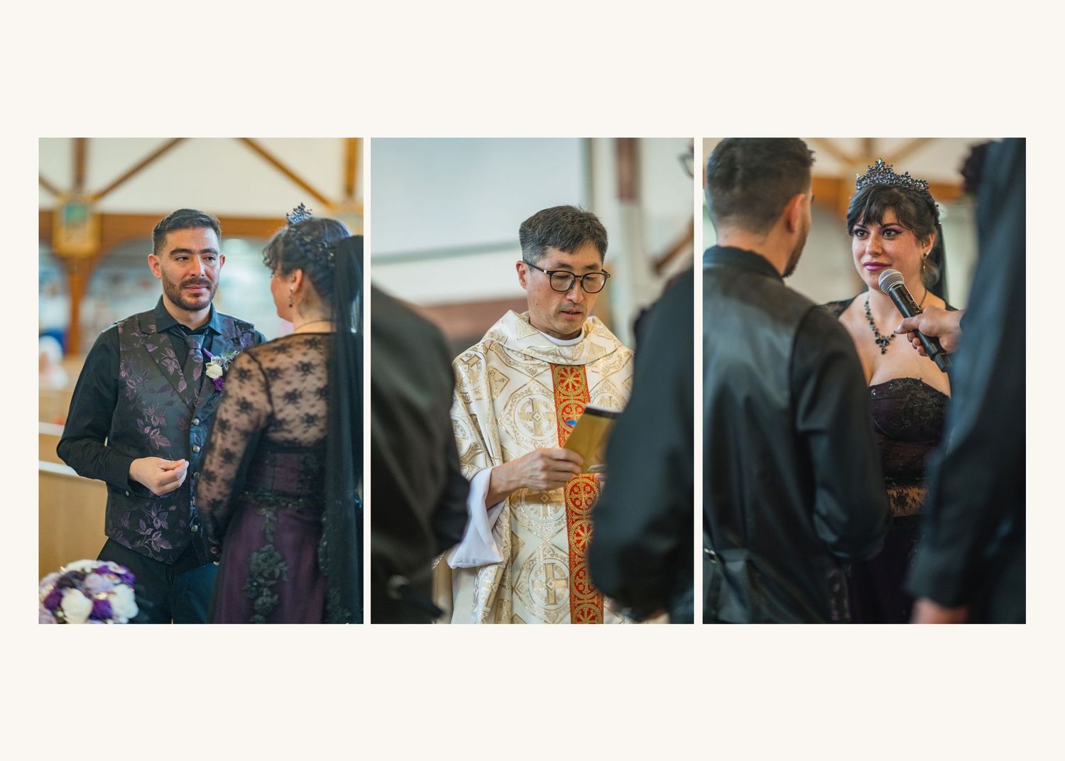 Couple exchanging vows at church wedding ceremony with priest officiating in ornate golden vestments.