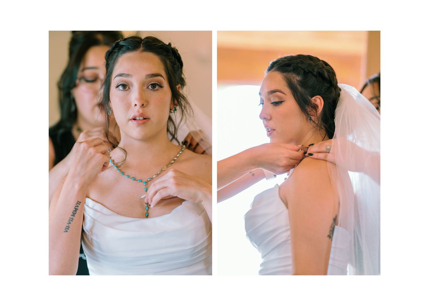 A set of bridal wedding preparation photos showing getting ready moments in elegant white dresses and delicate details.
