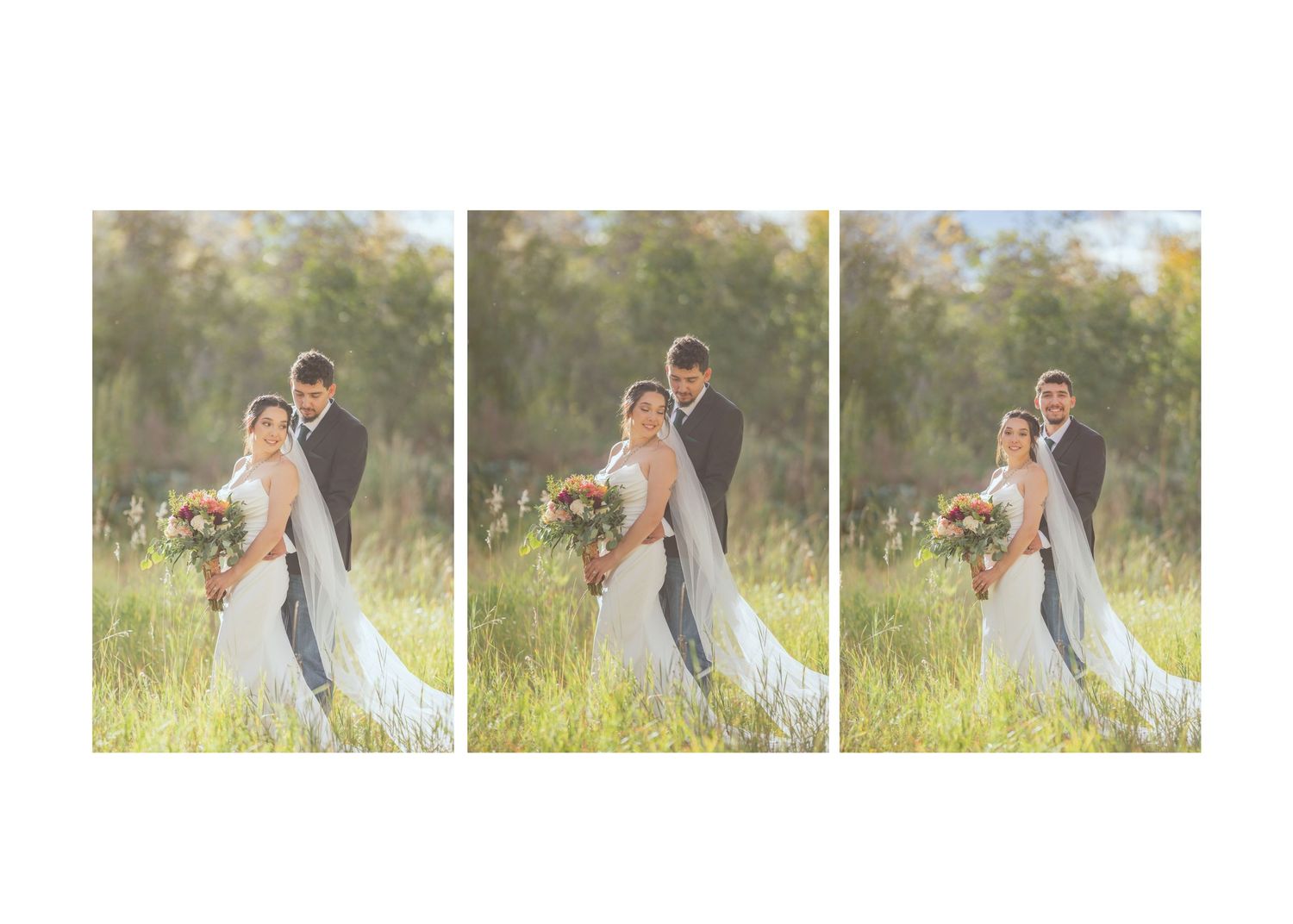 A dreamy wedding couple poses in a sun-lit meadow with tall grass and trees creating a romantic triptych effect.