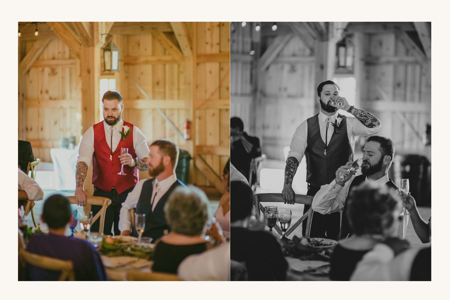 A bearded groomsman in a red vest delivers a heartfelt wedding toast inside a rustic barn reception.