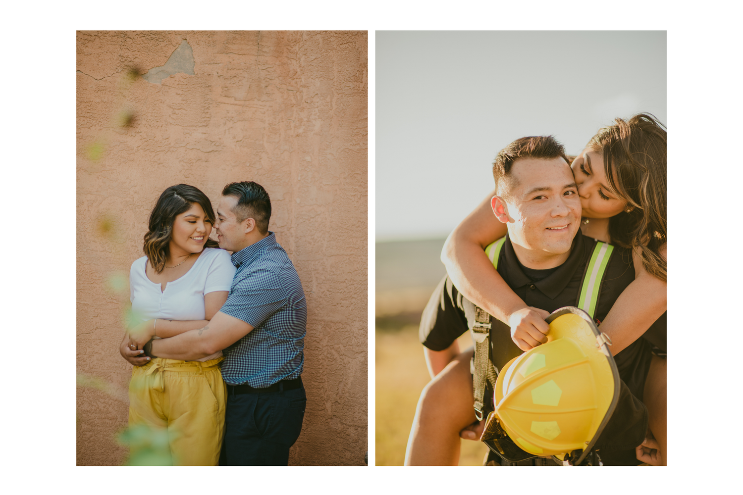 Couple embracing near brick wall and piggyback ride in sunny field engagement photo session.