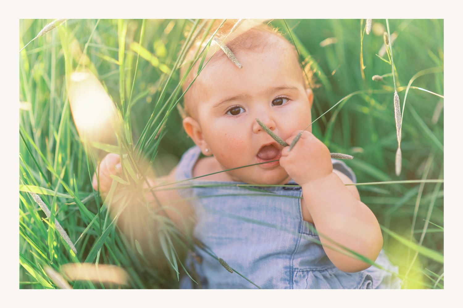 An adorable baby in denim overalls sits among tall green grass, curiously touching a blade of grass.