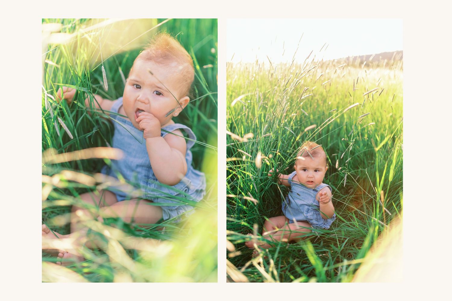 Adorable baby sitting in tall green grass on a sunny day, wearing a blue romper outdoors.