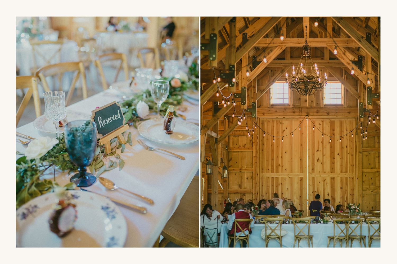 Rustic barn wedding reception with elegant table settings featuring blue glassware, greenery, and string lights overhead.