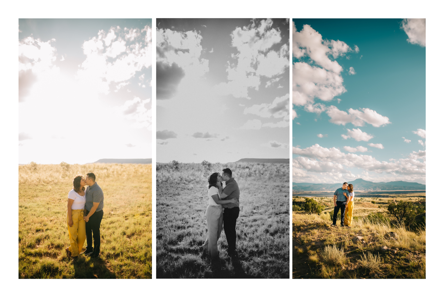 Romantic couple embracing in open fields under dramatic skies, shown in warm golden, black-and-white, and vibrant teal tones.