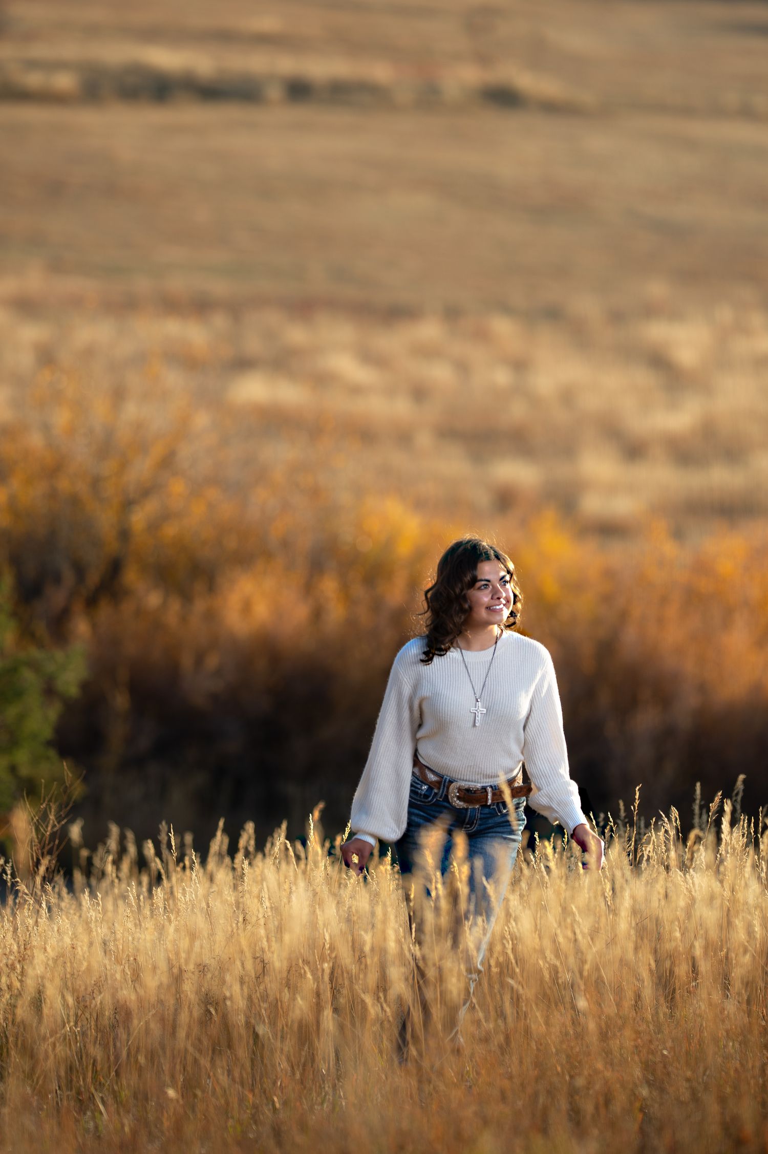 Sun-lit portrait session in tall golden grass during autumn sunset.