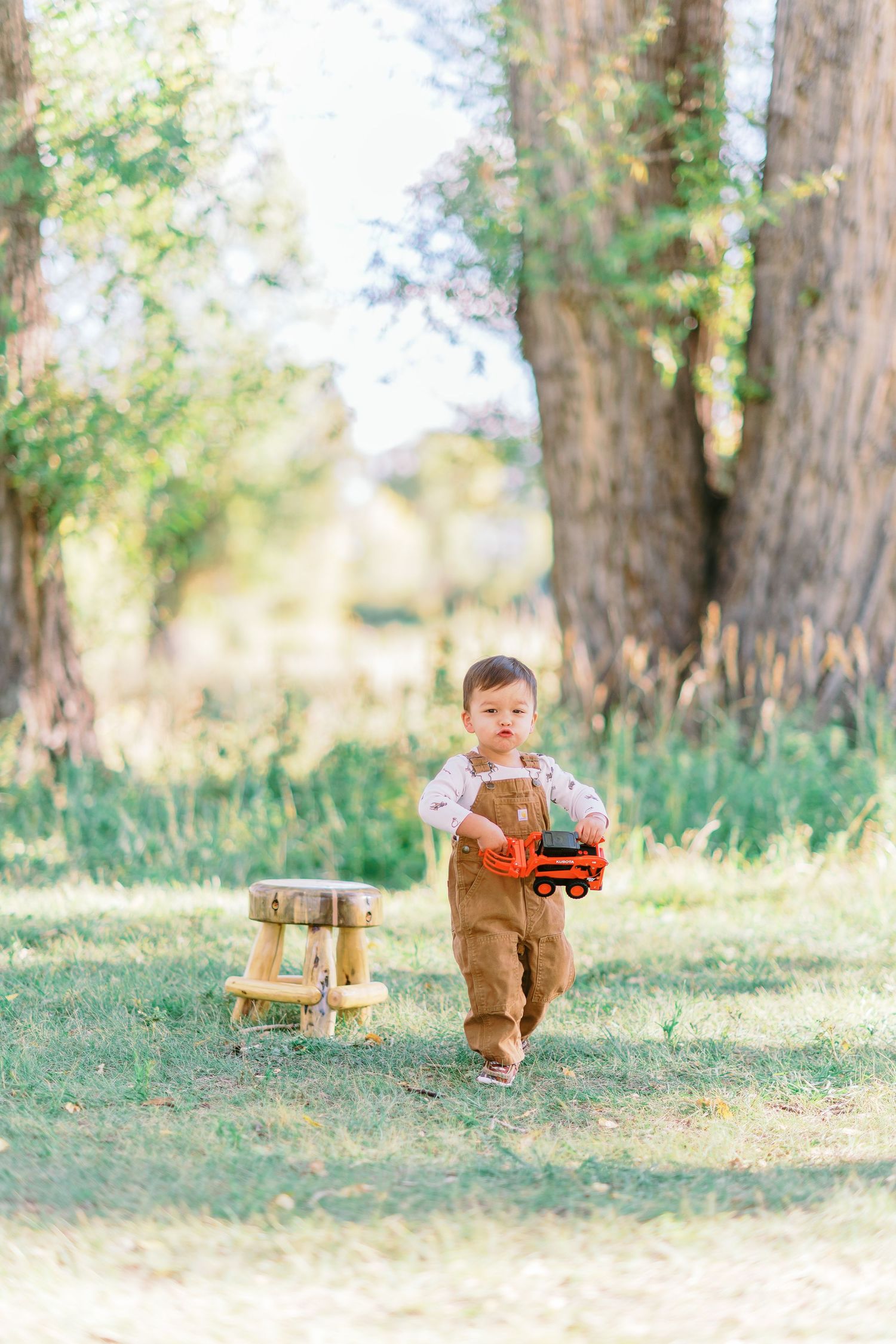 A toddler in brown overalls plays in a sunlit forest setting with rustic wooden furniture in the background.