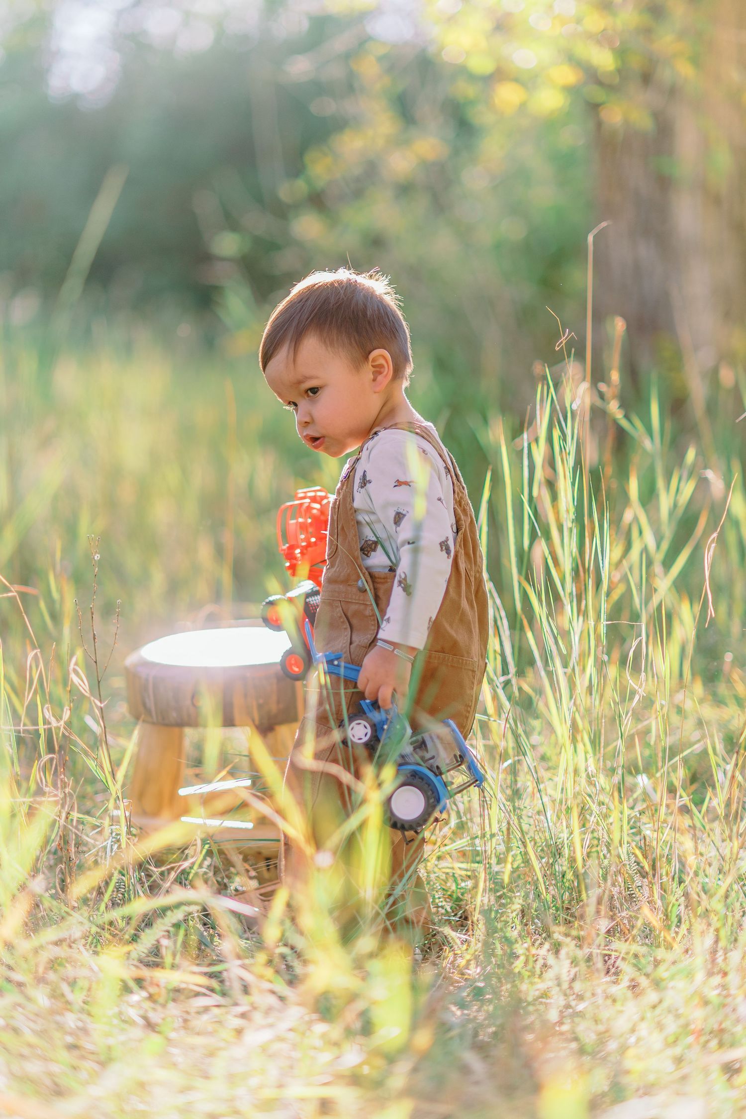 A young child explores nature while sitting in tall golden grass during a sunny afternoon outdoors.