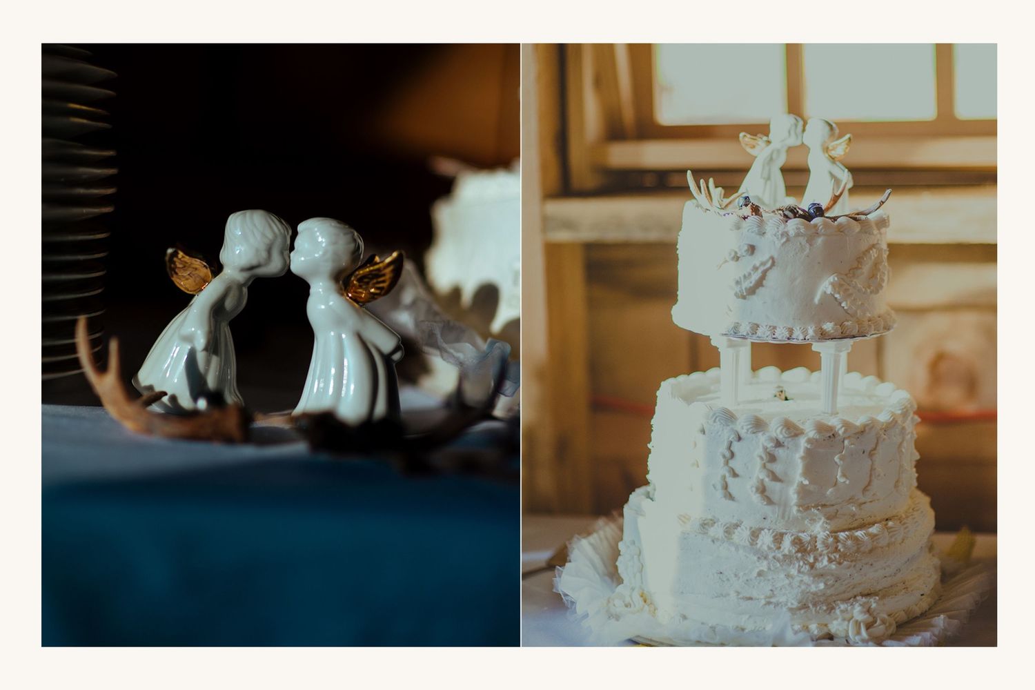 White ceramic kissing dove cake toppers beside a three-tier white wedding cake decorated with lace and deer antler topper.