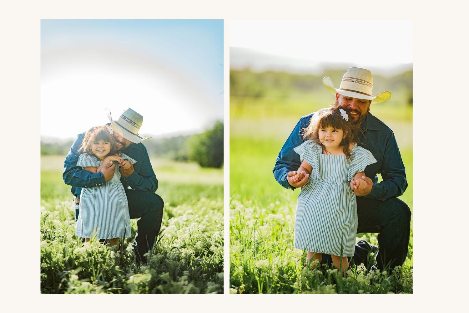 Father and daughter share a tender moment in a sunny green field, with the girl wearing a light blue dress.