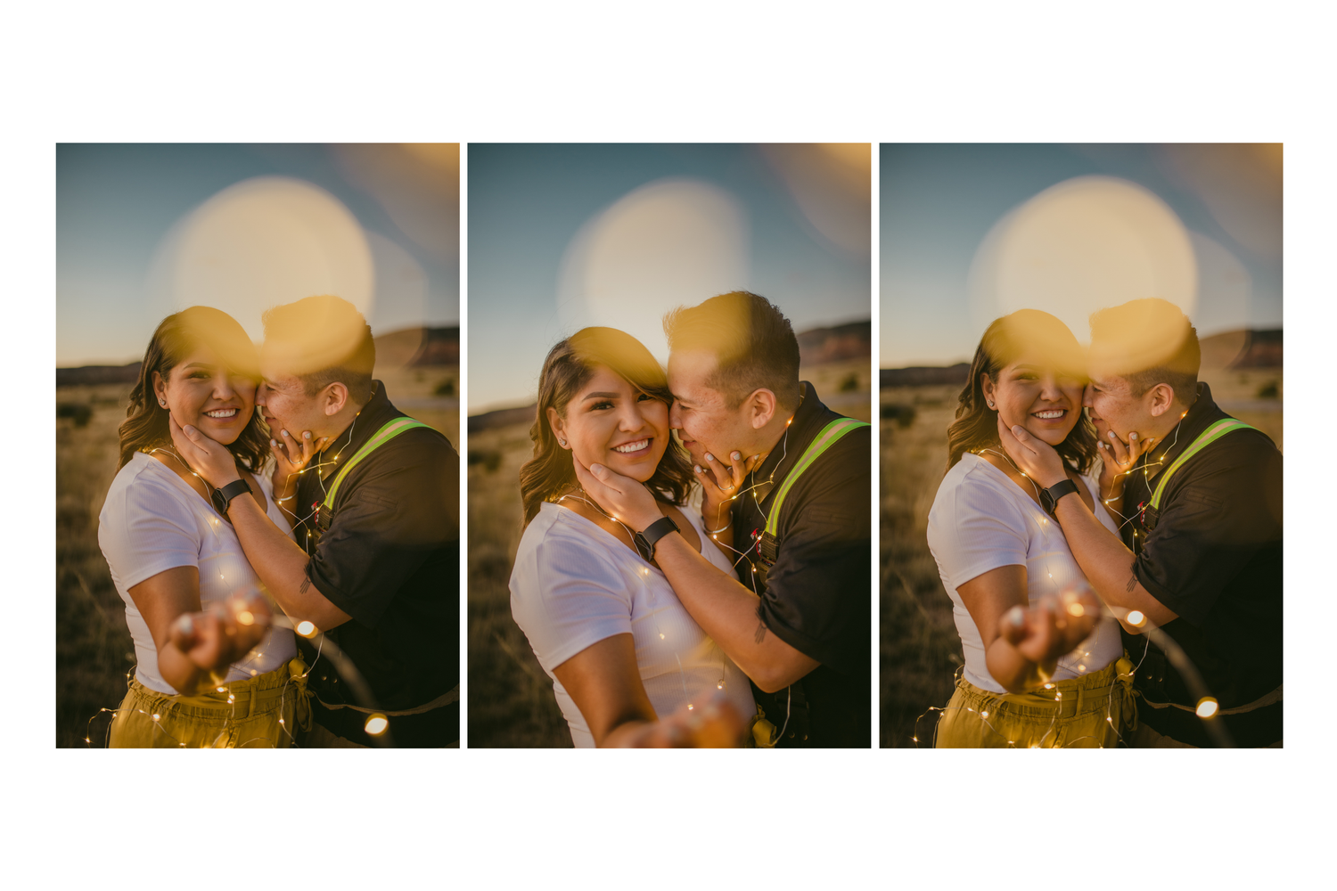Couple sharing a romantic moment outdoors at sunset with warm lens flare bokeh effects in a triptych photo collage.