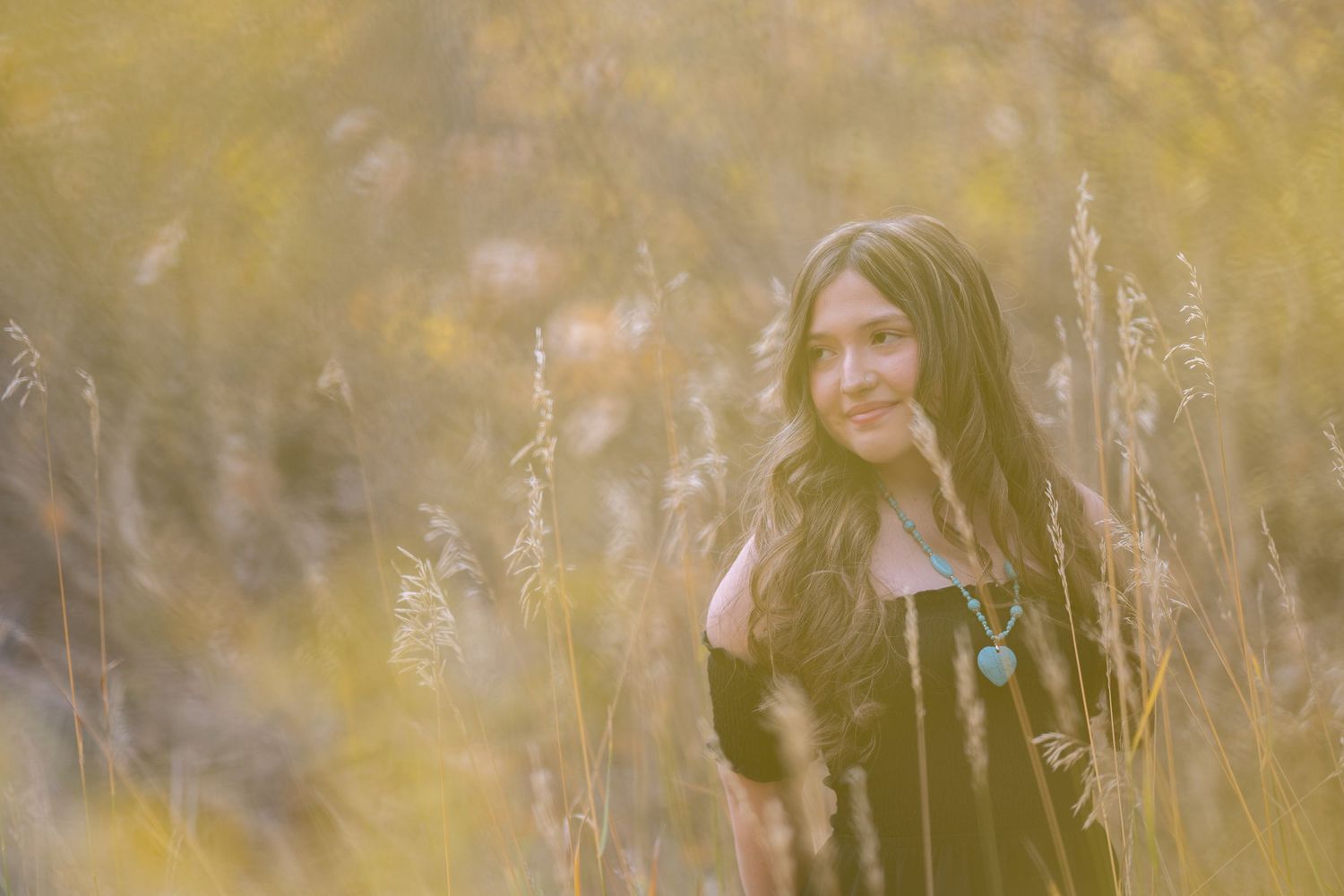A person holds up colorful autumn foliage while standing in a golden meadow at sunset.