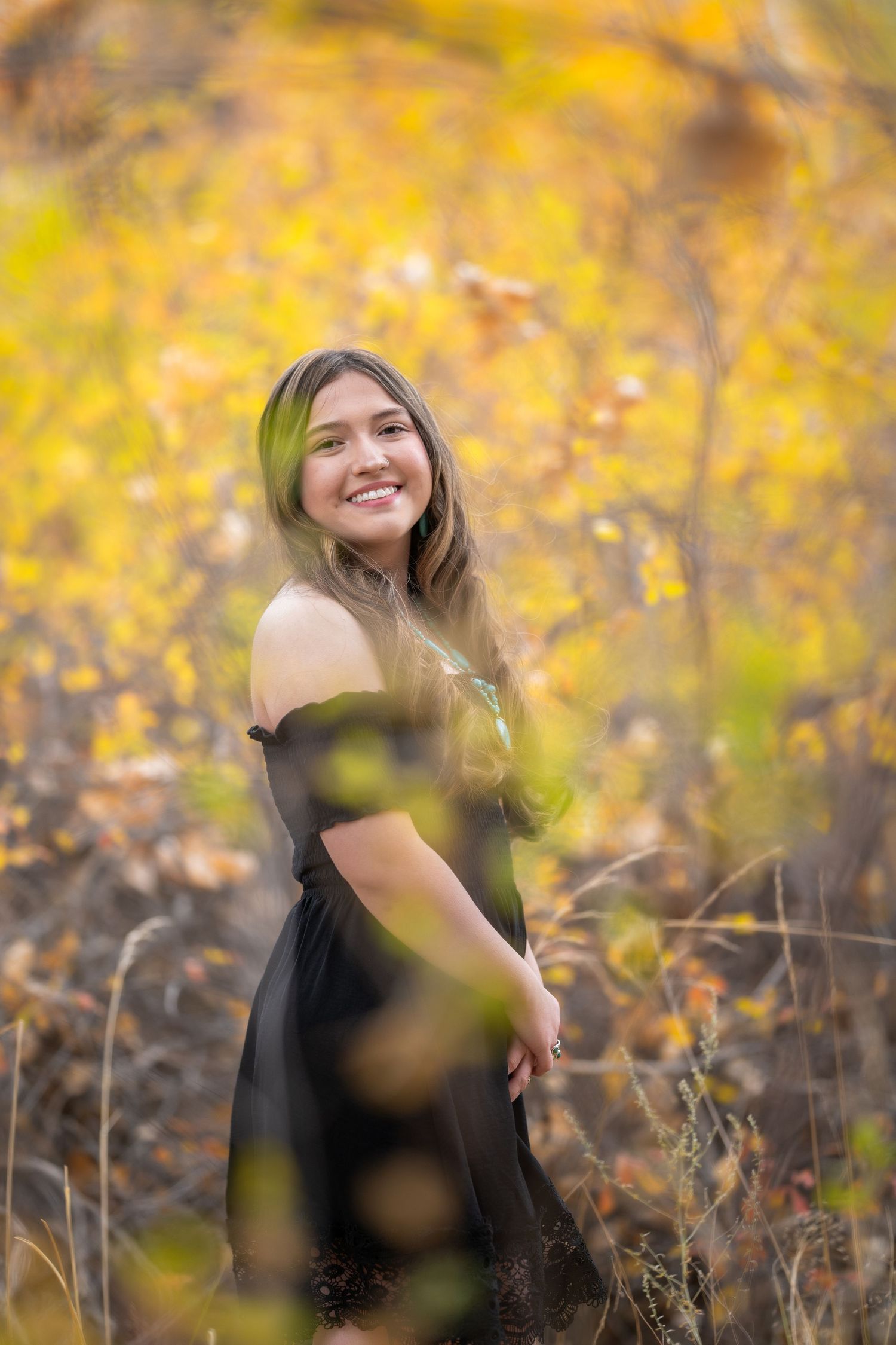 Autumn outdoor photoshoot in a field with golden yellow foliage and blurred bokeh elements in the foreground.