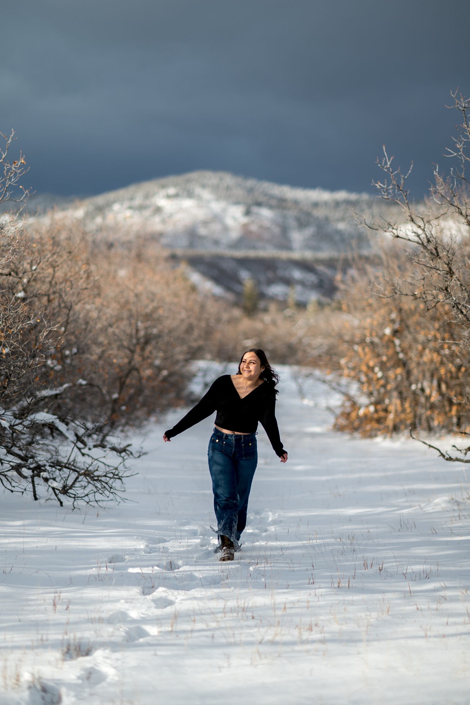 A person walks through deep winter snow in the mountains with bare trees and dramatic cloudy skies in the background.