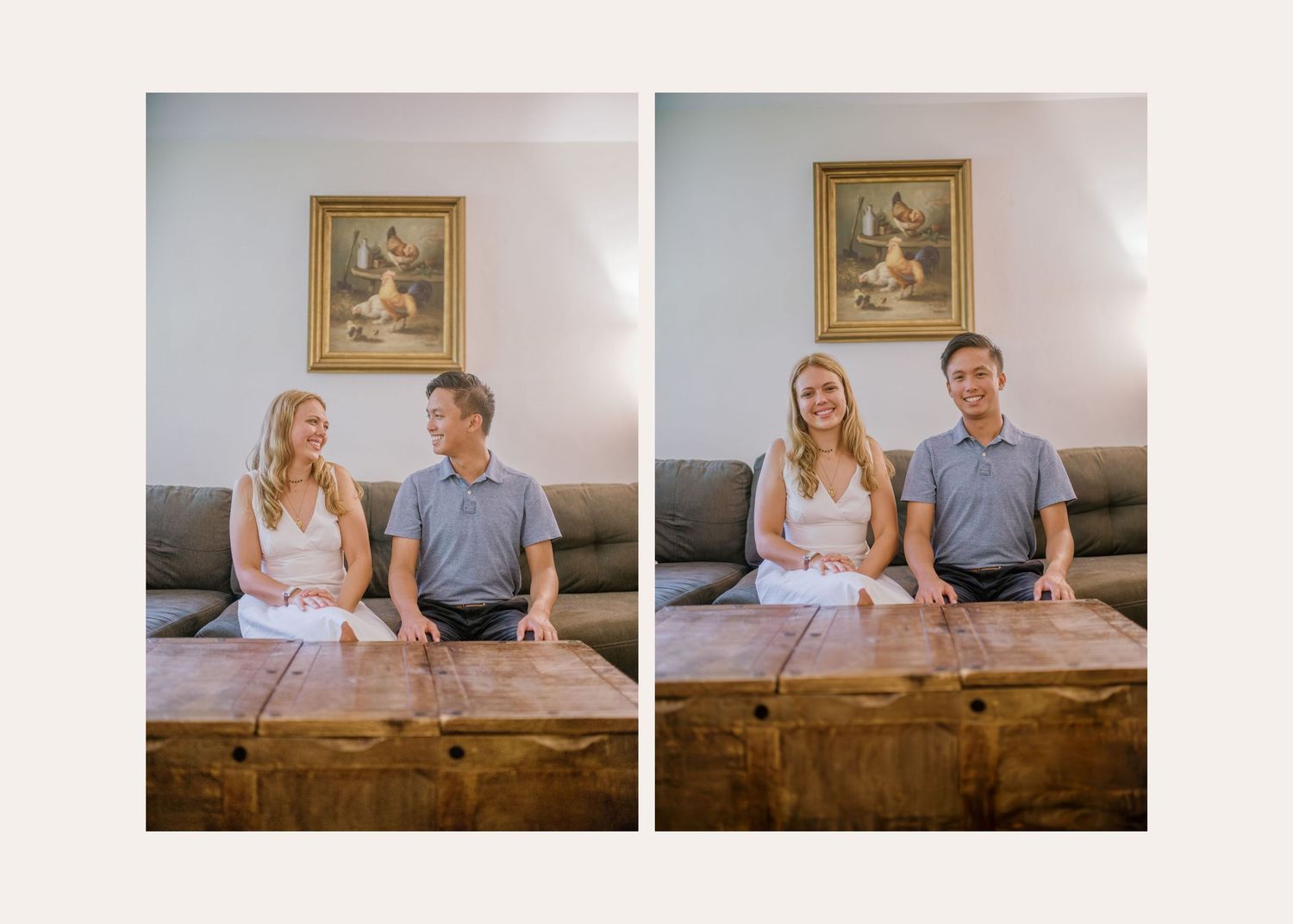 Couple sitting at wooden table in living room with artwork on wall and warm lighting.