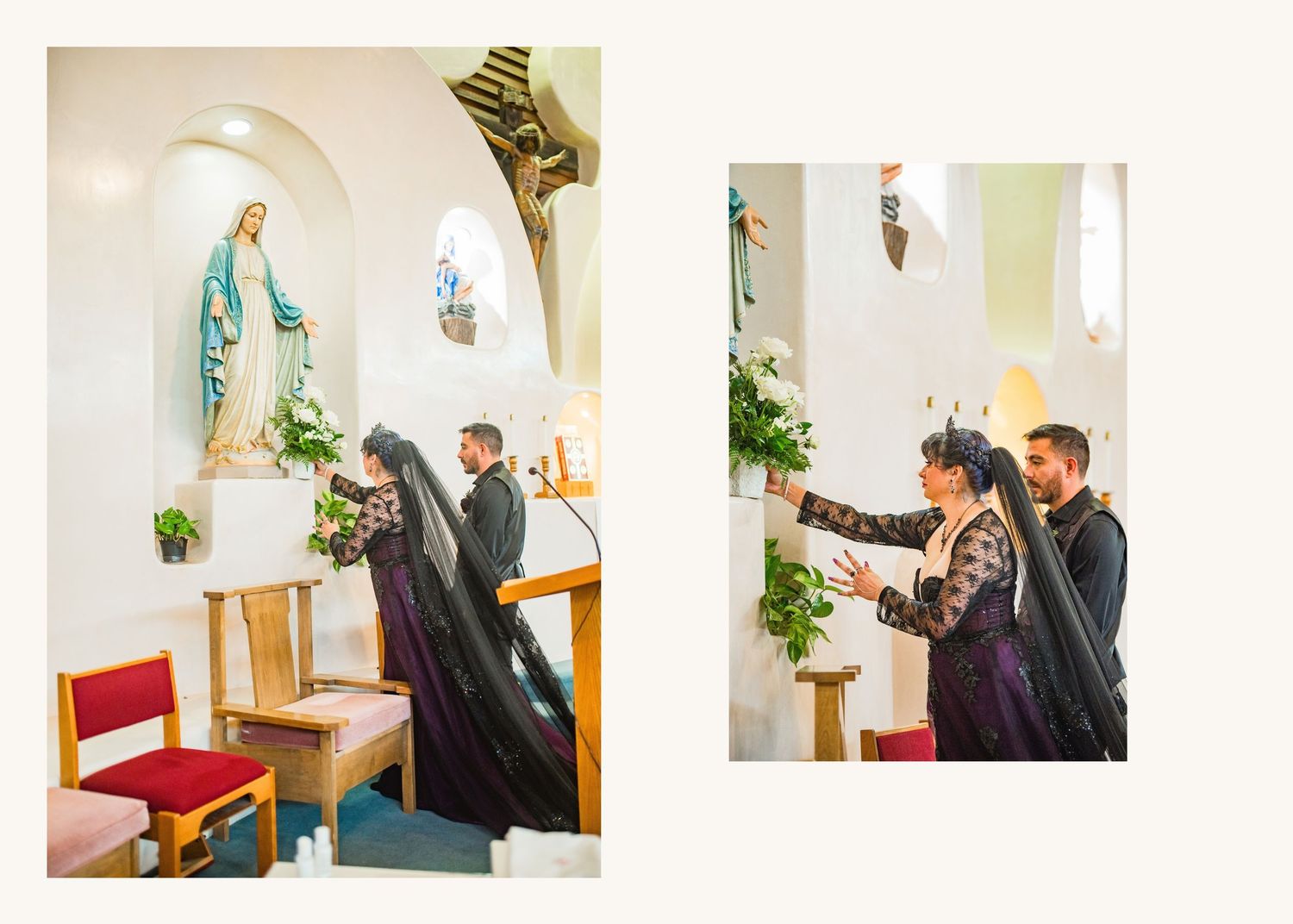 Couple in black attire exchanging vows at a Catholic church altar with a Virgin Mary statue in the background.
