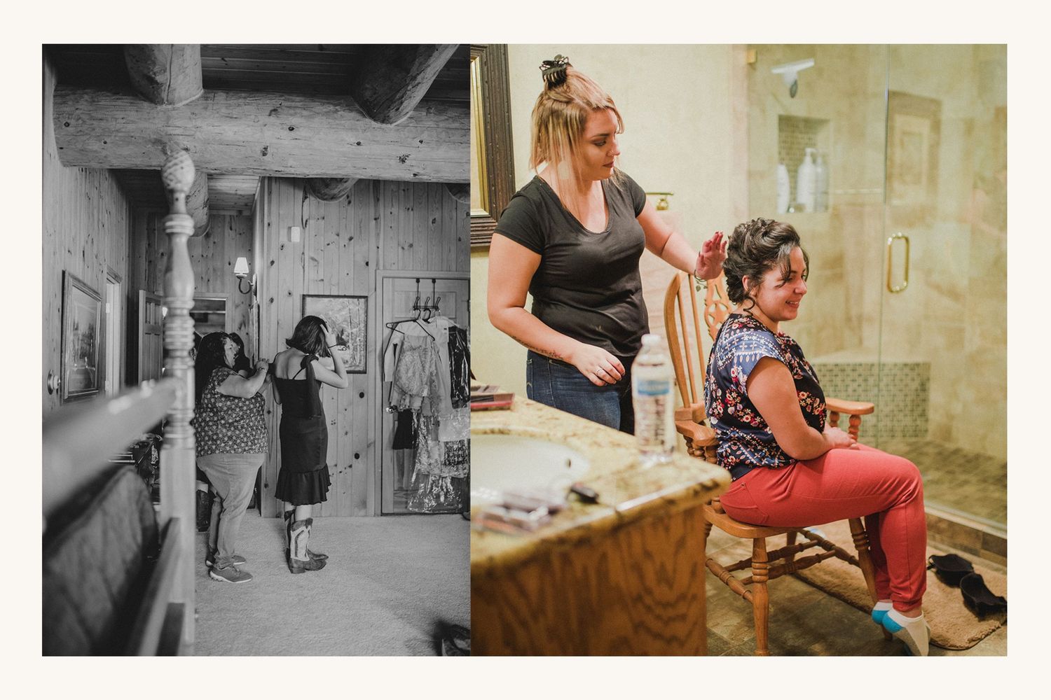 A split image showing a woman posing in a rustic room and a hairstylist styling a seated woman in a bathroom.