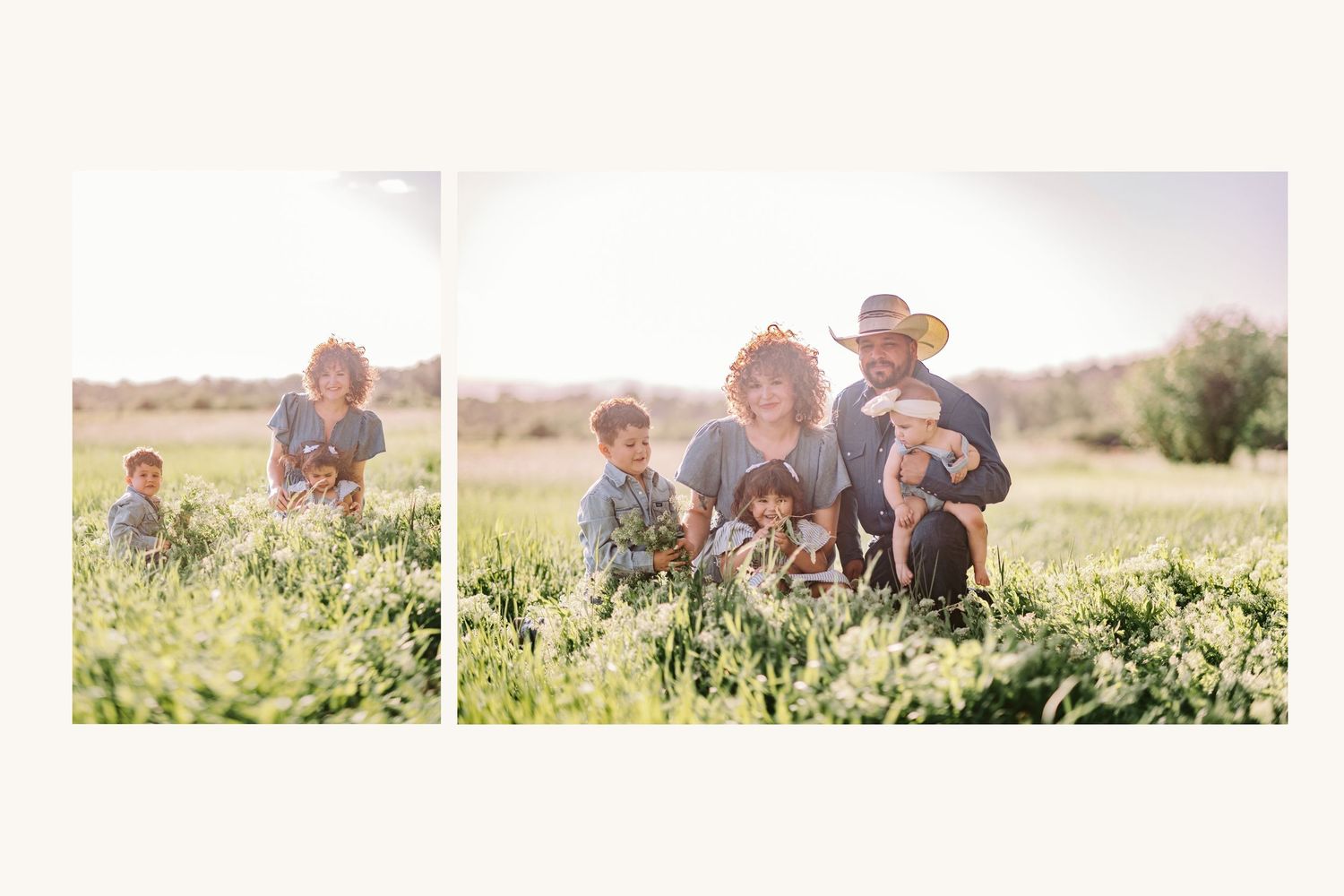 Family posing together in a sunny green field, with children and adults smiling in a warm outdoor portrait.