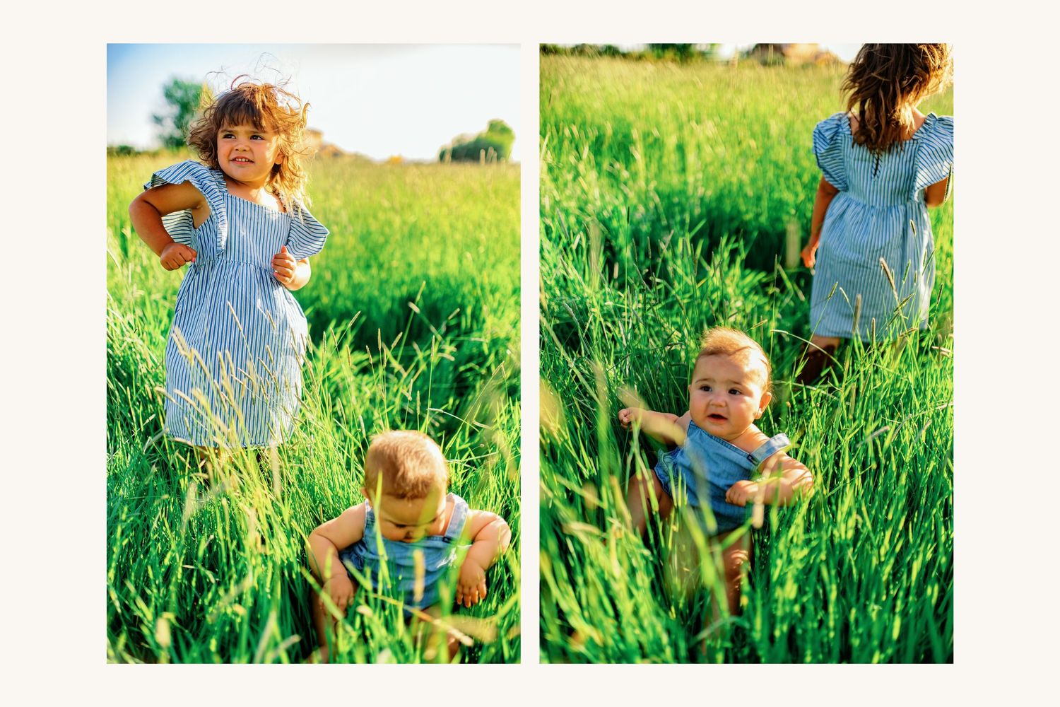 Two children playing in a lush green field, a girl in a blue dress and a toddler boy sitting in tall grass on a sunny day.