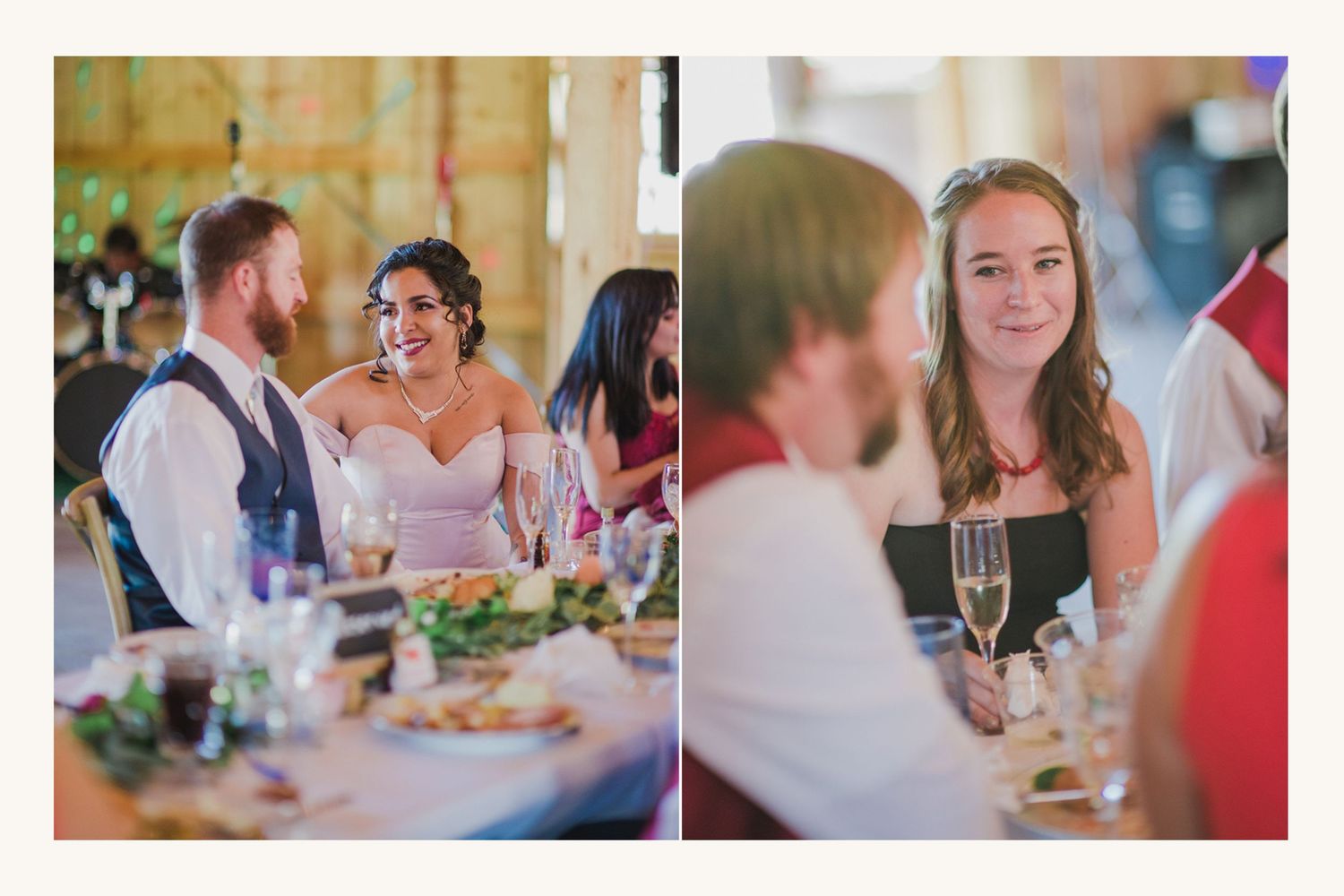 Bride and groom smiling at wedding reception dinner table, guest holding champagne flute at elegant venue.
