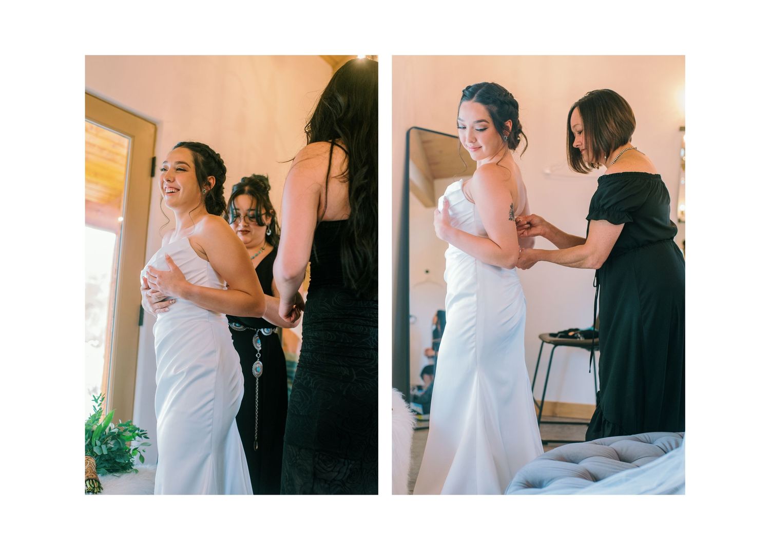 Two photos showing the bridal preparation with people helping a bride get dressed in a classic white wedding gown.