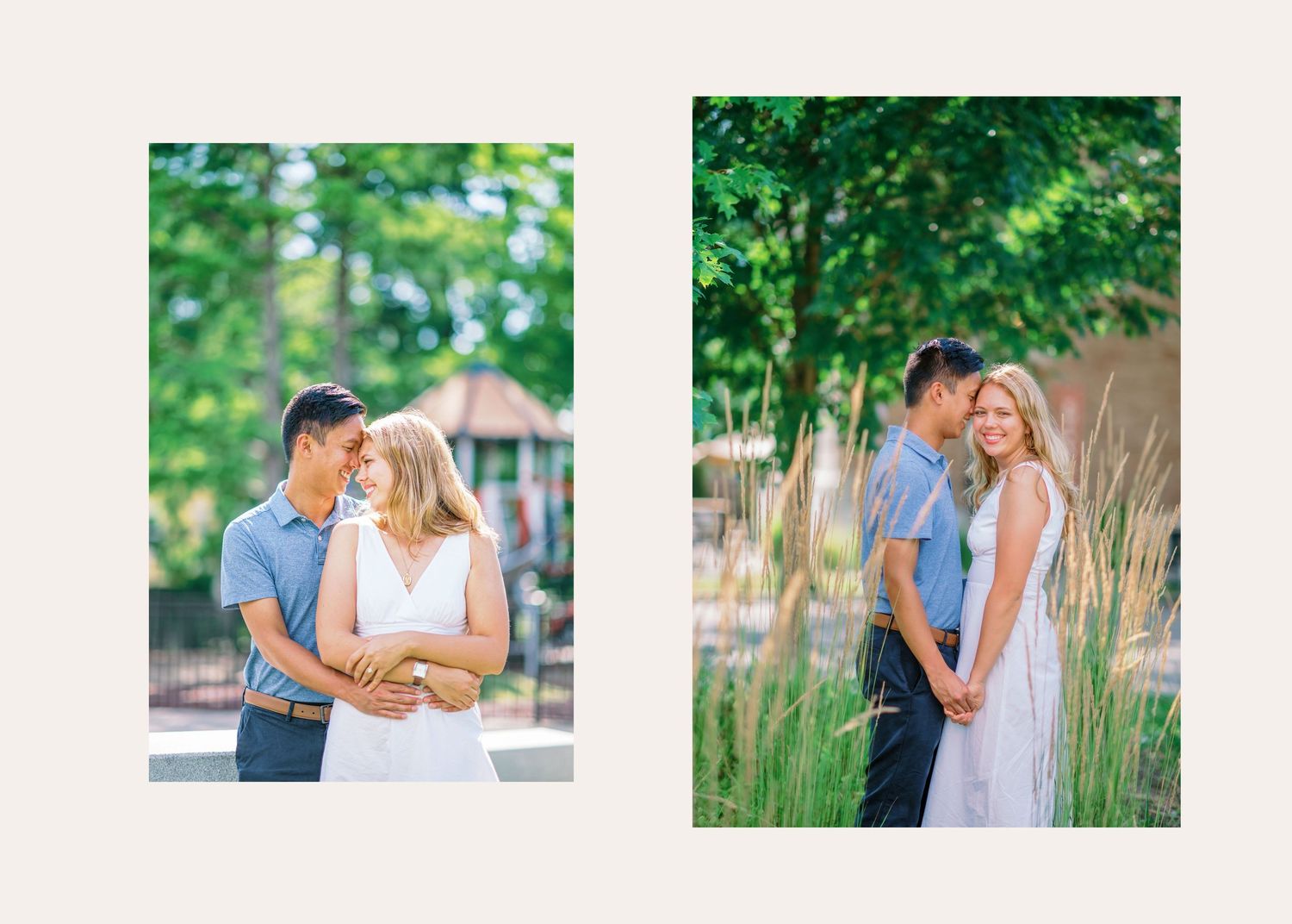 A couple shares a tender embrace on a sunny day surrounded by greenery.