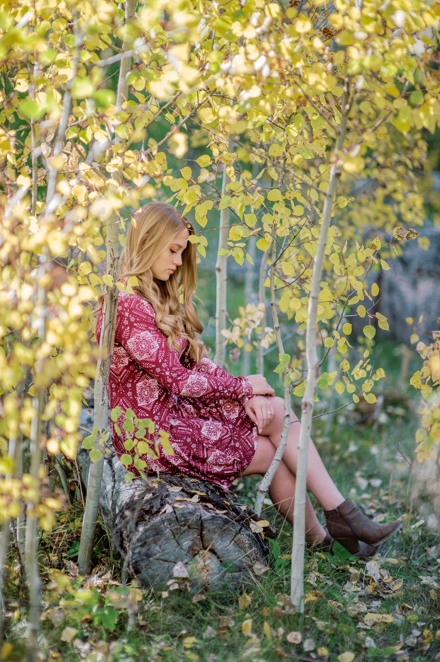 A person in a burgundy floral dress sits among yellow autumn aspen trees on a golden fall afternoon.
