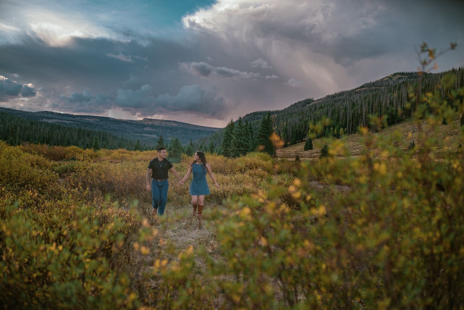 Couple holding hands walking through a mountain meadow with evergreen forests and dramatic cloudy sunset sky.