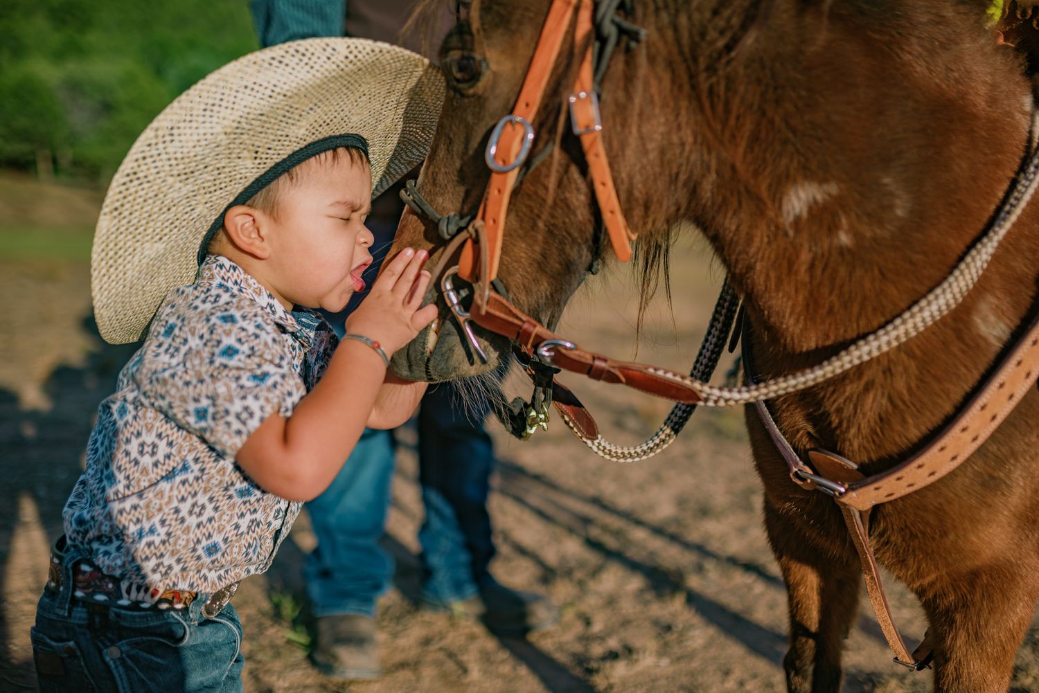 Toddler in cowboy hat kissing a brown horse's nose on a ranch.