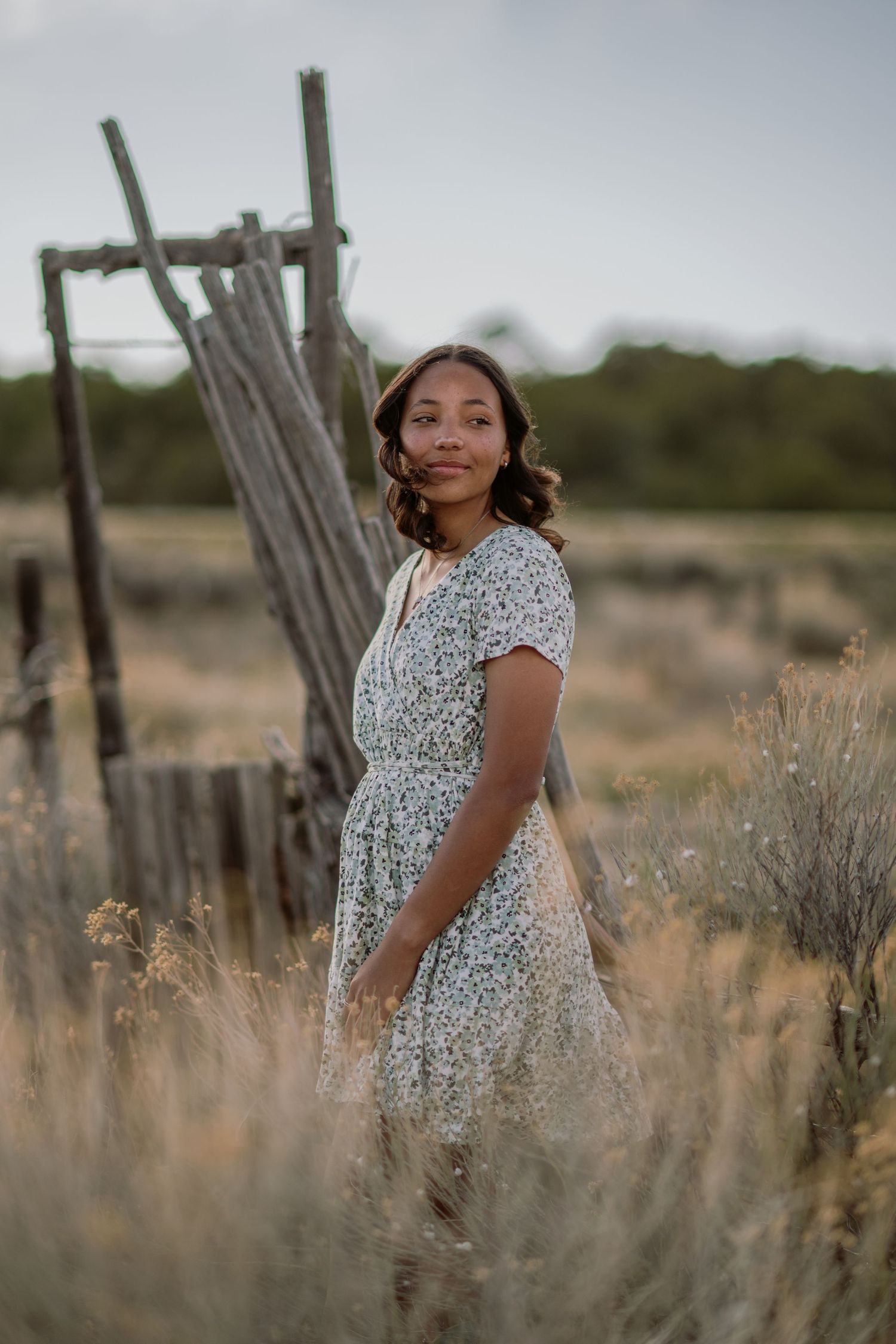 A person in a floral dress stands in a desert meadow at dusk with wooden fence posts in the background.