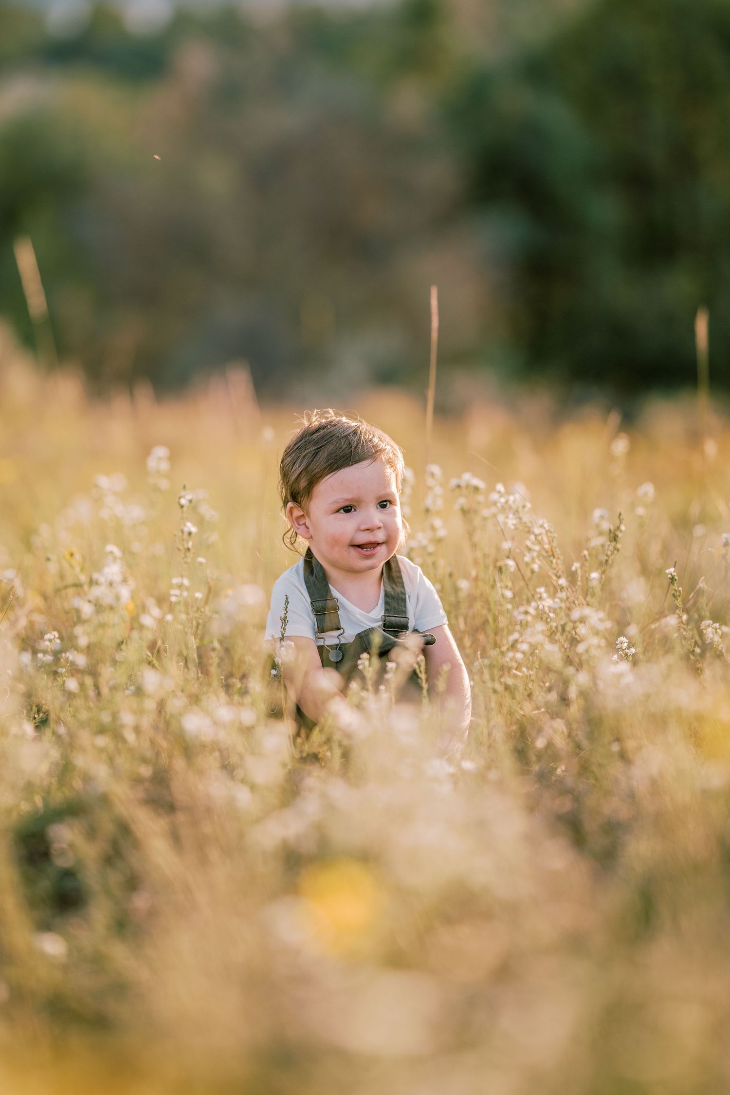 Young child playing in a meadow of wildflowers with soft focus background.