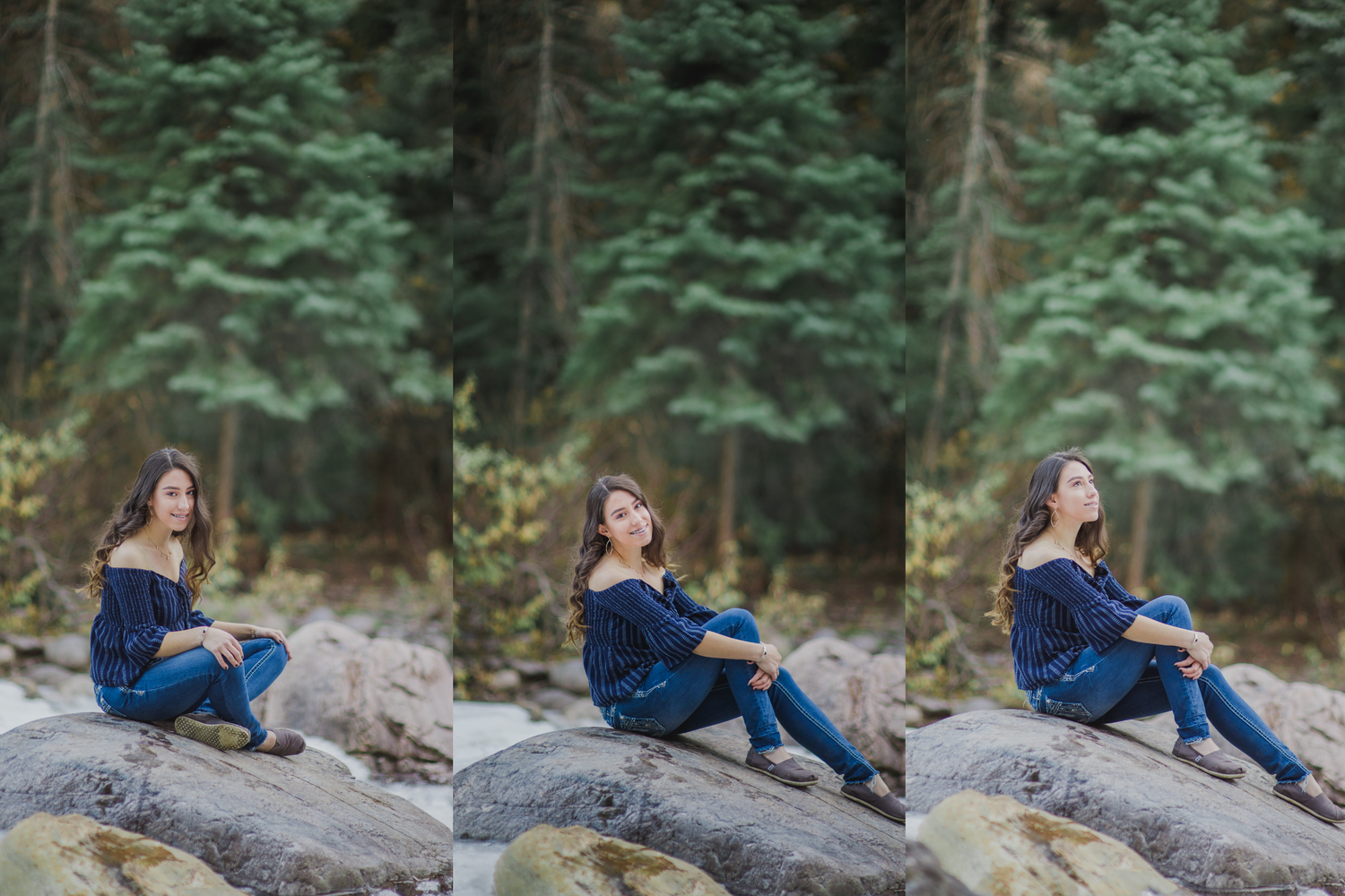 Young woman in navy off-shoulder top and jeans sits on rocks in a forest, captured in three serene poses.