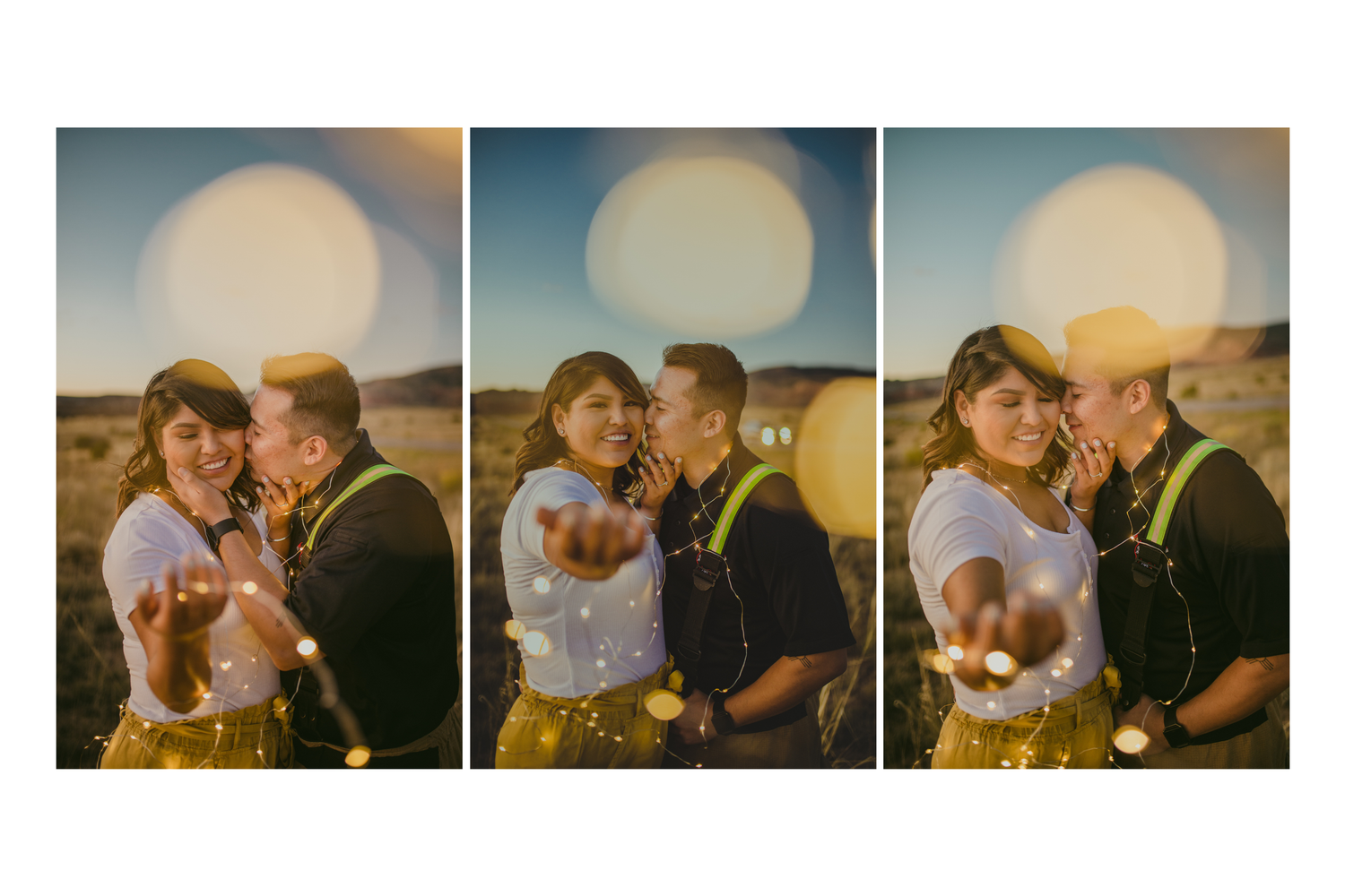 Romantic couple sharing a kiss outdoors in a desert landscape, captured in a triptych with bokeh light effects.